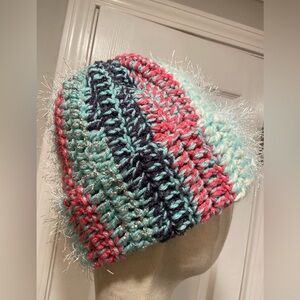 Handmade Crochet Chunky Ribbed Upcycled Multi Fiber Scrappy Yarn Beanie Hat